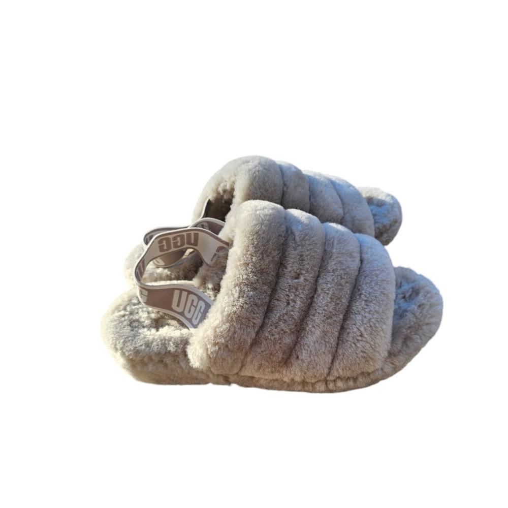 Ugg Fluff Yeah Slides Size 8 Gray Slippers Fuzzy Logo Women’s UGG Gray White - Picture 4 of 5
